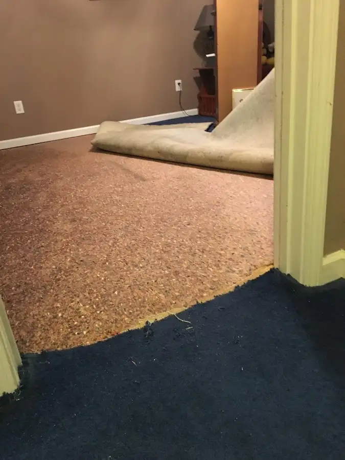 Carpet pad removal revealing water damage during Water Mitigation Services in Morton Grove